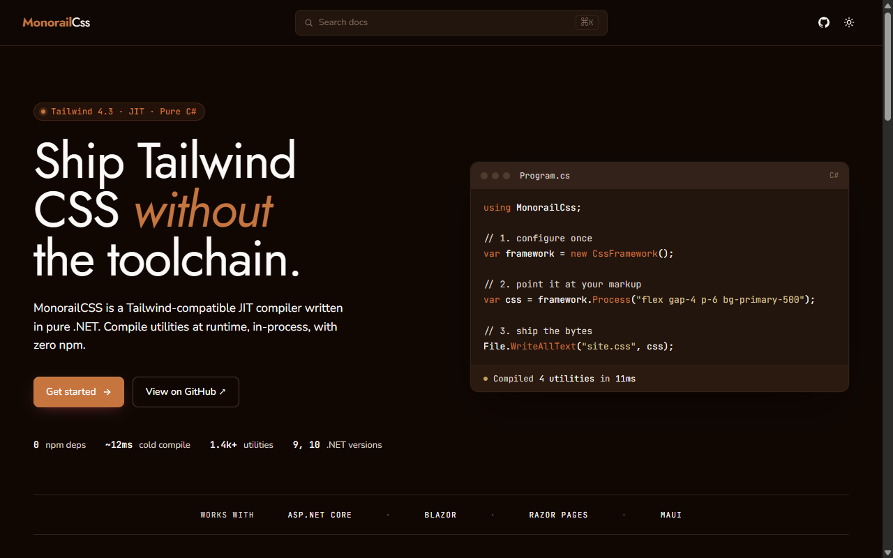 Screenshot of MonorailCSS in dark mode