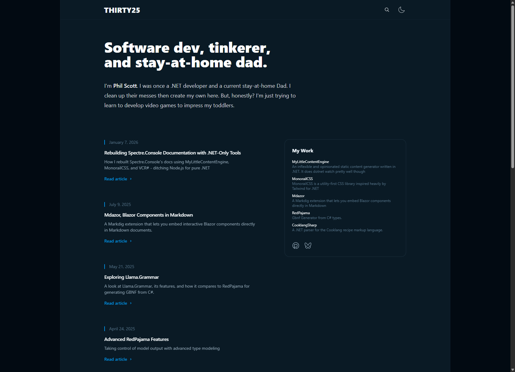 Screenshot of Thirty25 in dark mode